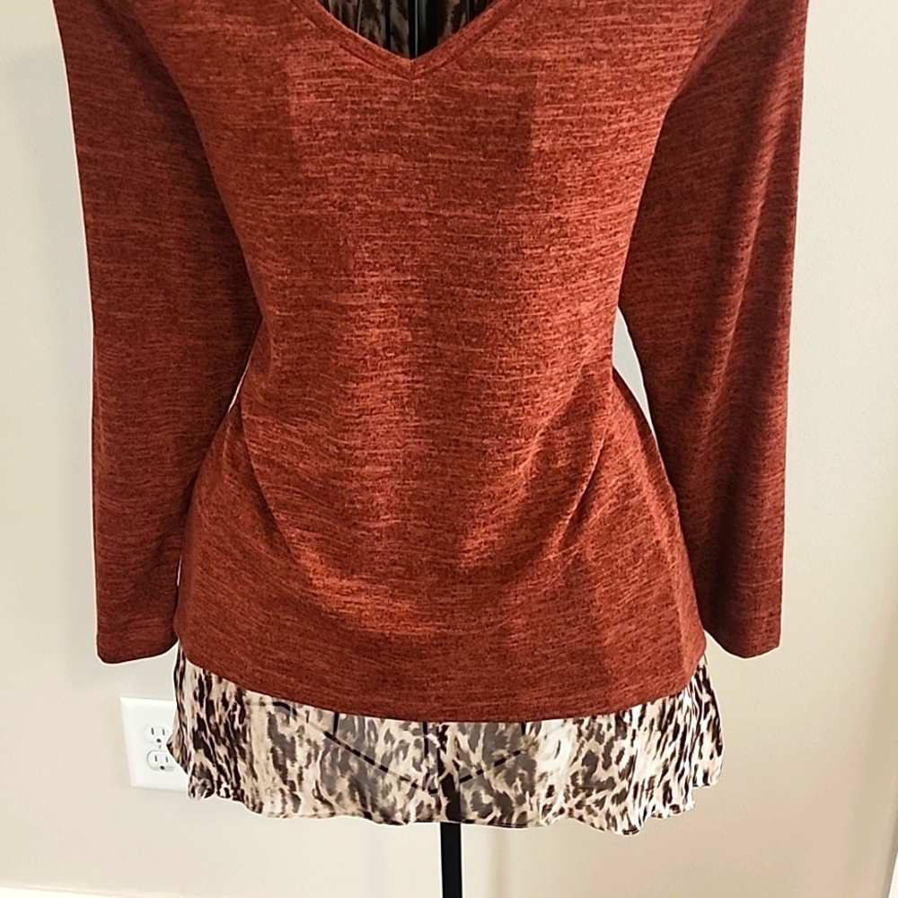 New Women's Rust V-Neck Top with Leopard Print Hem Sheer.